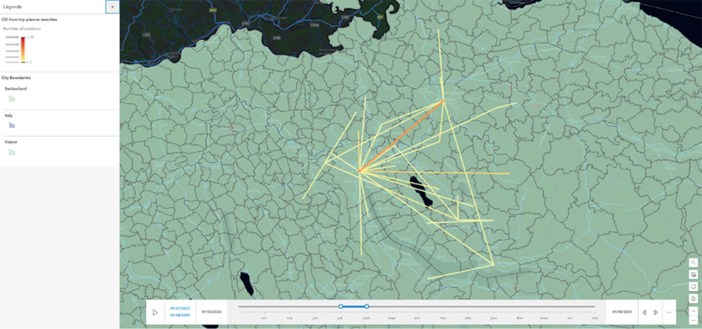 Carte des itinéraires de covoiturages demandés (passager) entre juin et juillet 2023 (Région de Winterthur-Zürich).