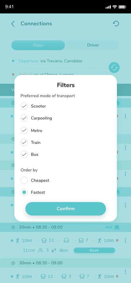 MixMyRide: filtres pour la sélection du mode demandé