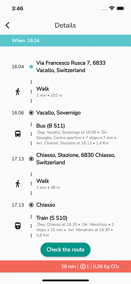 MixMyRide: détail d’une feuille de route («traditionnelle» avec transport public et marche) et itinéraire