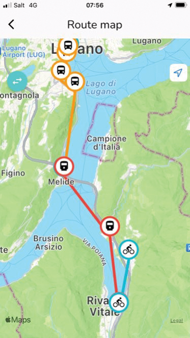 MixMyRide: détail d’une feuille de route («traditionnelle» avec transport public et marche) et itinéraire